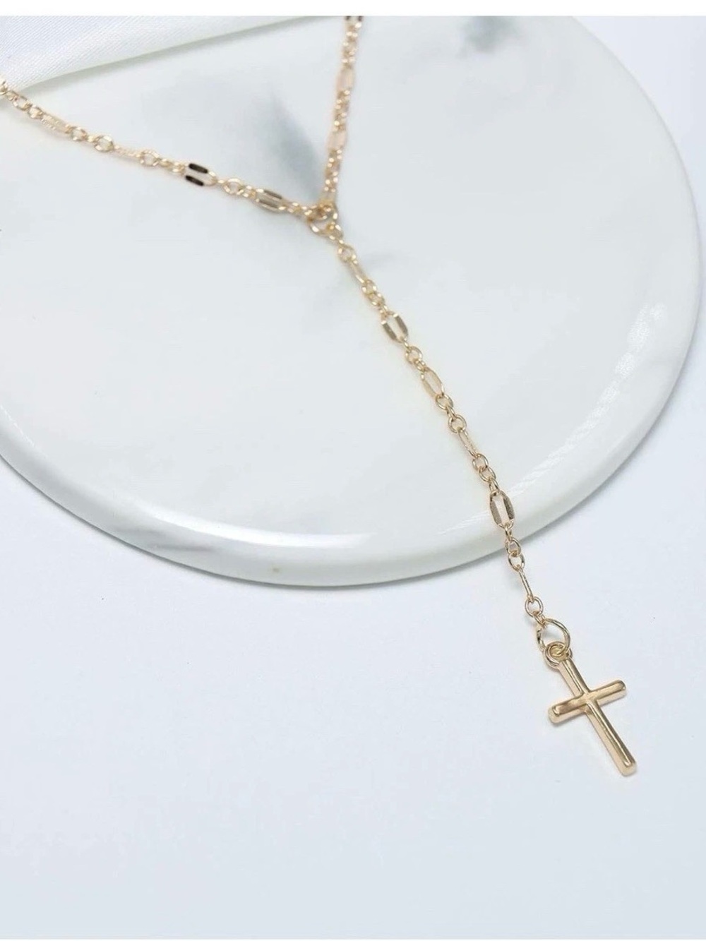 18K Gold Plated dainty Cross Lariat Necklace Stainless Steel Womens Jewelry - Picture 6 of 10